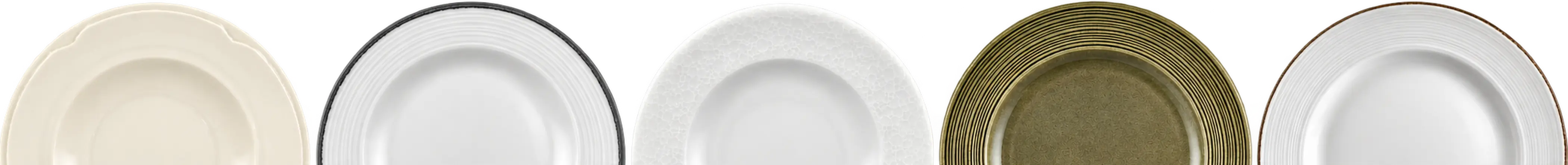 Five half-plates in a straight row: scalloped ivory, charcoal-rimmed white, textured white, olive green and brown-rimmed white